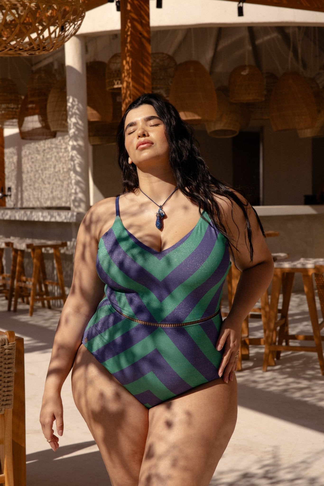 Arava Stripes Navy Green - one piece - BiliBlond Swimwear - Plus Size - בגד ים שלם צבעוני מידות גדולות
