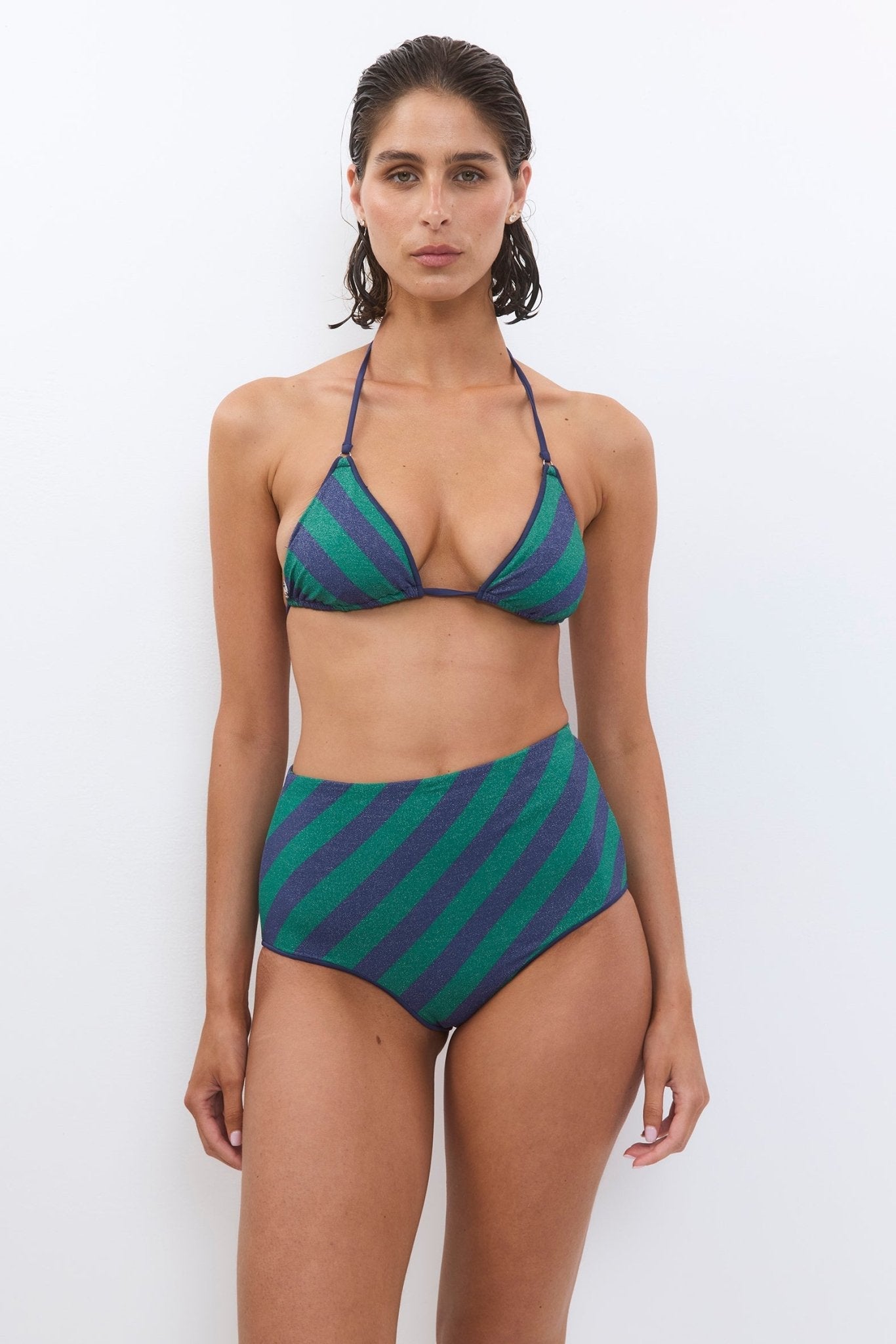 BILI Triangle Navy Green Stripes - BIKINI - BiliBlond Swimwear