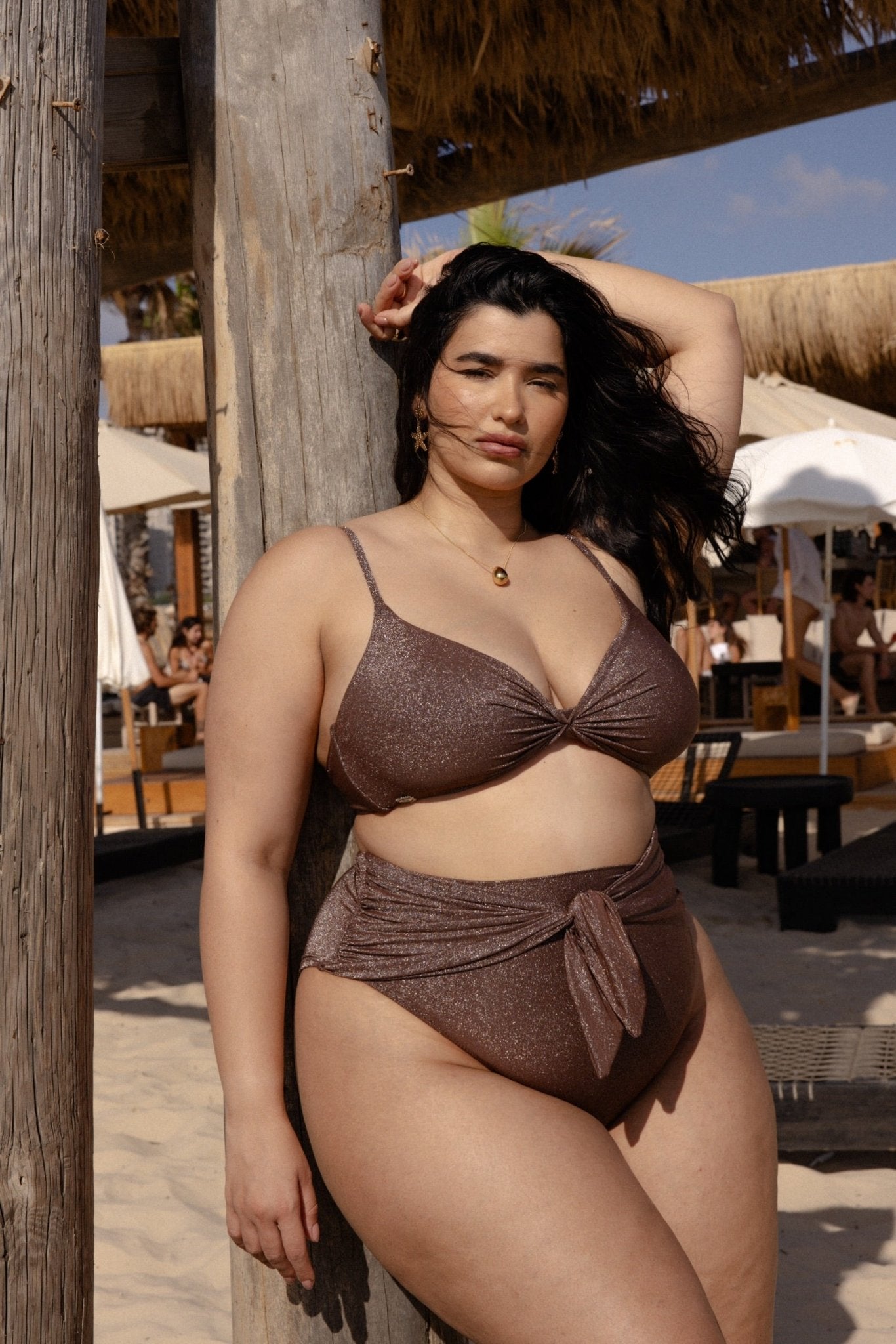 Jordan Top Brown Lurex - BIKINI - BiliBlond Swimwear- טופ ביקיני משולשים לחזה גדול- טופ ביקני תומך מנצנץ- Pluse size